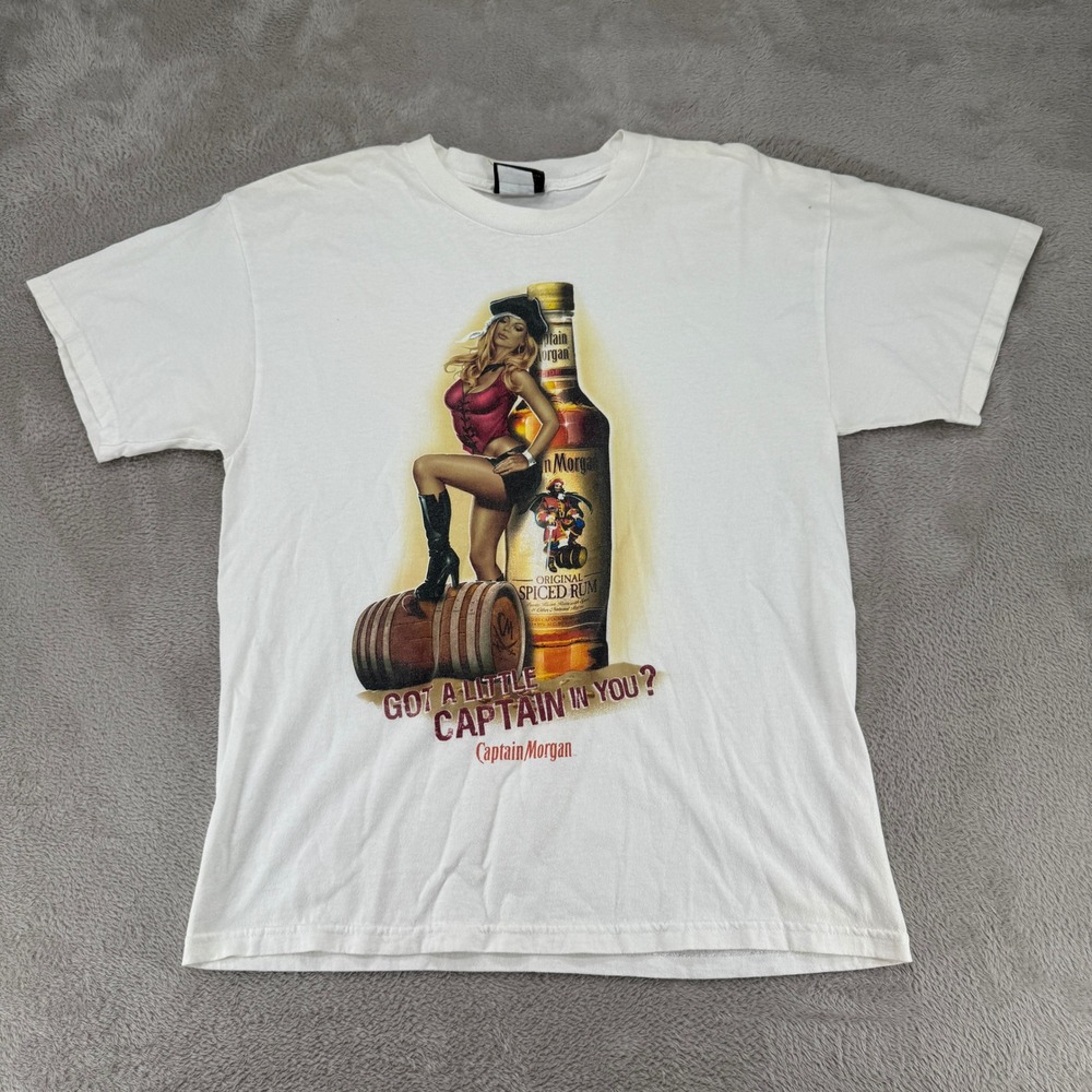 VTG Y2K Captain Morgan Original Spiced Rum Whisky Pirate Girl Shirt Mens L White